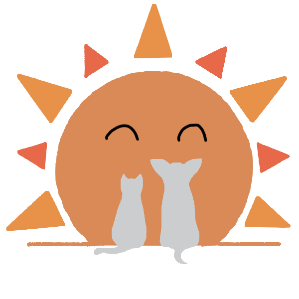 笑顔の太陽と猫と犬の後ろ姿のシルエット